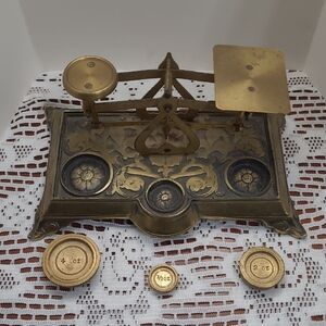 Antique English Brass Scale & Weights Warranted Accurate